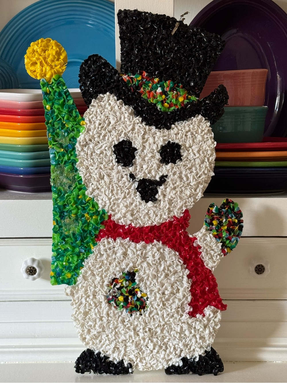 ❄️🎄 Vintage Melted Plastic Popcorn Snowman with Tree Decoration | 1970s